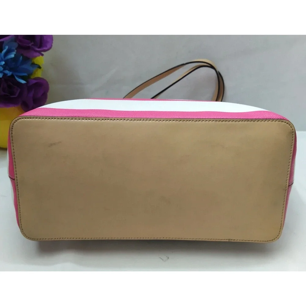 Kate Spade Pink Stripe Leather Trim Bow Double Handles Zipper Tote Shoulder Bag
